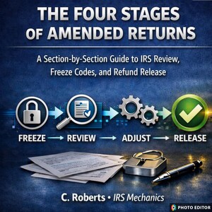 Op de afbeelding: Een blauwe afbeelding met de titel THE FOUR STAGES OF AMENDED RETURNS en de tekst A Section-by-Section Guide to IRS Review, Freeze Codes, and Refund Release. Iconen tonen Freeze, Review, Adjust en Release. Bevat documenten, een slot en een pen.