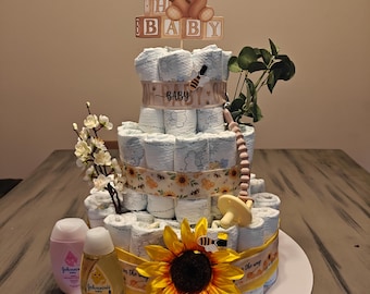 Tarta de pañales personalizada hecha a mano – Centro de mesa y regalo para baby shower de 3 pisos