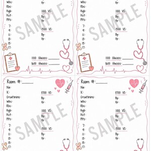 May include: A printable medical nursing report sheet featuring four identical sections with pink heart, stethoscope, syringe, and clipboard illustrations. Each section includes fields for Room #, lab values like Na, K, Creatinine, Wbc, Rbc, Hgb, Hct, Plts, and vital signs.