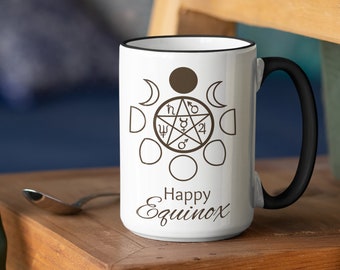 Happy Equinox Mug Deluxe 15oz. 440ml features moon phases and pentagram. Worldwide Shipping. Wiccan Witch Collection