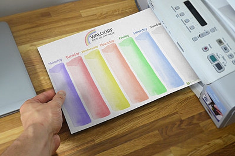 May include: A printable weekly planner with a rainbow design and the text "Waldorf Day of the Week". The planner has seven columns for each day of the week, Monday through Sunday.