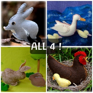 Könnte beinhalten: Ein Set aus vier Filztieren, darunter ein graues Bandicoot, eine weiße Gans, ein braunes Huhn mit Küken und ein braunes Kaninchen. Die Spielzeuge sind alle handgefertigt und haben einen verspielten, handgefertigten Look.