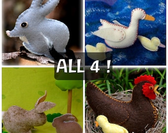 May include: A set of four felt animal toys, including a grey bandicoot, a white goose, a brown chicken with a chick, and a brown rabbit. The toys are all handmade and have a whimsical, handcrafted look.