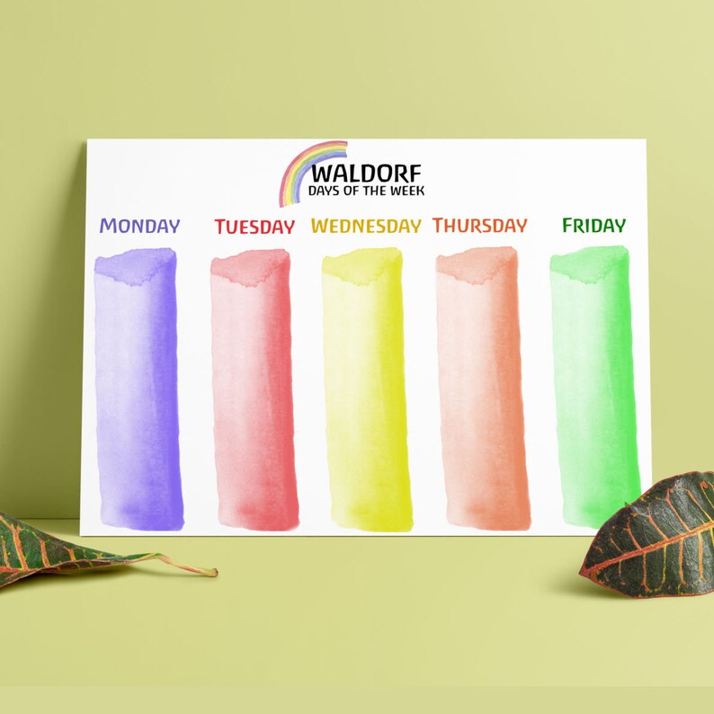 May include: A printable chart with the days of the week, Monday through Friday, with a rainbow and the word "Waldorf" at the top. Each day is represented by a coloured rectangle, with the colours of the rainbow.