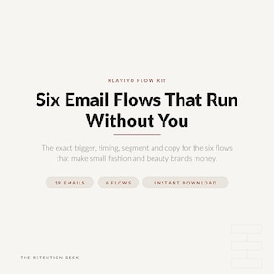 May include: A digital product graphic titled Klaviyo Flow Kit: Six Email Flows That Run Without You. It includes text describing triggers, timing, segments, and copy for fashion and beauty brands, with buttons for 19 emails, 6 flows, and instant download.