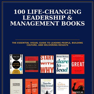 May include: A dark blue poster titled 100 LIFE-CHANGING LEADERSHIP & MANAGEMENT BOOKS. It features ten book covers including Leaders Eat Last, The 21 Irrefutable Laws of Leadership, Start With Why, Dare to Lead, Good to Great, Extreme Ownership, and others.