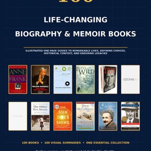 Puede incluir: Un póster azul oscuro titulado 100 LIFE-CHANGING BIOGRAPHY & MEMOIR BOOKS. Presenta una cuadrícula de once portadas de libros, incluyendo Anne Frank, Into the Wild y American Prometheus, con texto sobre 100 resúmenes visuales.
