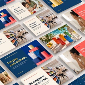 May include: A collection of presentation slides featuring product photography, retail store aisles, and lifestyle imagery. The slides include text such as Everyday, made desirable and The category is crowded. Attention is not. in various layouts.