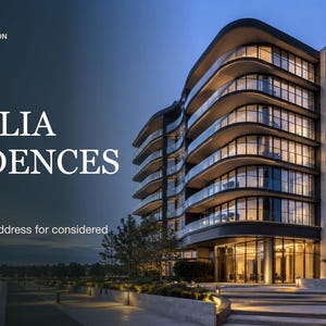 May include: A modern multi-story residential building with curved glass balconies at twilight. Text reads: REAL ESTATE PRESENTATION, AURELIA RESIDENCES, A new waterfront address for considered living., [CITY, COUNTRY] · [2026], 01.