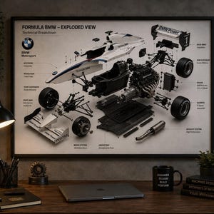 Puede incluir: Un póster técnico enmarcado titulado Formula BMW - Exploded View, que muestra un coche de carreras Formula BMW blanco y negro con sus componentes separados. La impresión presenta etiquetas detalladas para la carrocería, el motor, la caja de cambios y la suspensión.