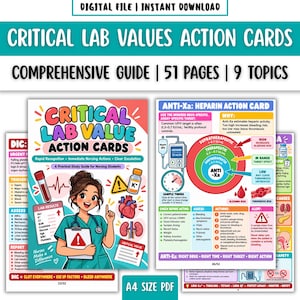 Könnte beinhalten: Ein digitaler Leitfaden mit dem Titel Critical Lab Values Action Cards, 51 Seiten, 9 Themen, A4-PDF. Das Cover zeigt eine Pflegekraft mit Stethoskop und Klemmbrett, medizinische Symbole und Text. Eine Seite zeigt eine Anti-Xa-Heparin-Tabelle.