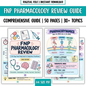 May include: A 50-page digital pharmacology review guide for family nurse practitioners, featuring colorful illustrations of medical icons, a stethoscope, a brain, and diagrams explaining pharmacodynamics, potency, efficacy, and therapeutic index.