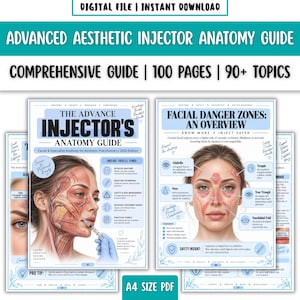 May include: A digital 100-page A4 PDF guide titled Advanced Aesthetic Injector Anatomy Guide. It features detailed anatomical illustrations of the human face, highlighting facial danger zones, injection techniques, and safety protocols for practitioners.
