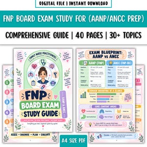 Peut inclure: Un guide d'étude numérique pour les examens FNP, comprenant 40 pages et plus de 30 sujets pour la préparation AANP et ANCC. Le document inclut un plan d'examen, une comparaison AANP vs ANCC, des graphiques de pondération et des zones de contenu.