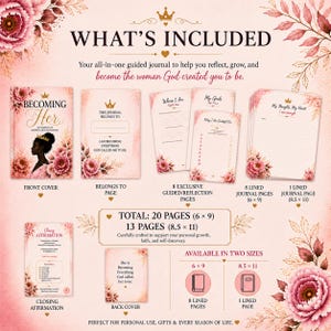May include: A guided journal set featuring a pink floral theme with gold crown accents. Includes a front cover, back cover, 8 reflection pages, 8 lined pages measuring 6 by 9 inches, and 1 lined page measuring 8.5 by 11 inches, plus an affirmation page.