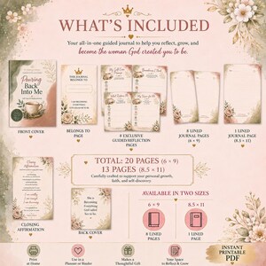 May include: A digital guided journal set titled Pouring Back Into Me, featuring a front cover, back cover, and various internal pages with floral accents. The set includes 20 pages at 6 by 9 inches and 13 pages at 8.5 by 11 inches, all in a soft pink and green color palette with text.