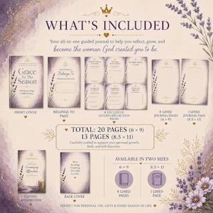 May include: A guided journal set titled Grace for This Season featuring purple lavender floral accents. Includes a front cover, belongs to page, 8 guided reflection pages, 8 lined pages at 6x9 inches, and 1 lined page at 8.5x11 inches, plus a closing affirmation and back cover.