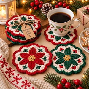 May include: A set of round, crocheted coasters featuring festive holiday designs. Some coasters display a red poinsettia flower with a yellow center, while others show green holly leaves and red berries on a cream-colored background with red edges.