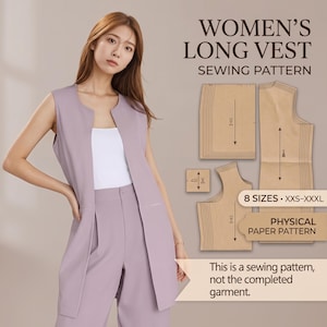 Women's Long Vest Sewing Pattern, 8 Sizes XXS–XXXL, Physical Paper Pattern