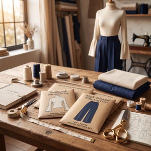 May include: A wooden table featuring sewing supplies including spools of thread, a measuring tape, scissors, a notebook, and two paper sewing patterns labeled Turtleneck Bell-Sleeve Top and High-Waisted Wide-Leg Pants with a mannequin nearby.
