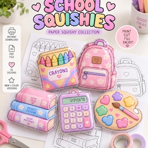 Paper Squishy Template Bundle, School Squishies Printable, DIY Paper Squishy Craft, Kawaii School Supplies, Color B&W PDF