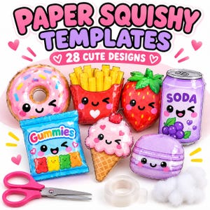 Może przedstawiać: Zestaw szablonów papierowych squishy z 28 wzorami, w tym pączkiem, frytkami, truskawką, puszką napoju, paczką żelków, rożkiem lodów i makaronikiem. Zawiera różowe nożyczki, rolkę taśmy klejącej oraz biały materiał do wypełnienia.