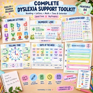 Dyslexia Printables for Kids, Reading Letter Reversal Support, Math, Time & Calendar Toolkit, English Spanish PDF