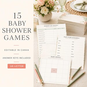 Puede incluir: Un juego de 15 tarjetas de juegos para baby shower en papel blanco con texto gris, que incluye Mommy or Daddy, Baby Word Scramble y Baby Bingo. Las tarjetas tienen detalles florales e incluyen dos lápices con cuerpo verde y goma rosa.
