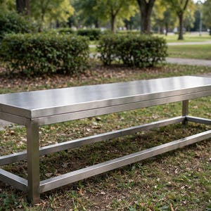 May include: A rectangular bench constructed from brushed stainless steel with a flat, solid top surface and a sturdy, open-frame base featuring four vertical legs connected by horizontal support bars along the sides and ends of the structure.