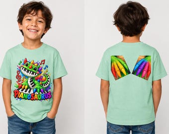 Dinosaurier-T-Shirt, buntes Musik-Shirt für Kinder, süßes Dinosaurier-Top für Kinder, farbenfrohes Klavier-Dino-T-Shirt, tolles Geschenk für Musikliebhaber, Motiv für Jungen und Mädchen