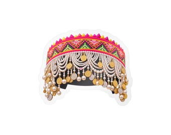 Aufkleber mit rosa Hmong-Hutmotiv, traditioneller Hmong-Hut mit Perlen und Münzen, Aufkleber zur Hmong-Kultur, Aufkleber zum Ausdruck des Hmong-Stolzes, Geschenk zum asiatischen Kulturerbe, Kunsthandwerk