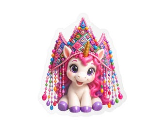 Aufkleber mit Einhorn-Hmong-Prinzessinnenhut | Niedlicher traditioneller rosa Hmong-Hut | Konturgeschnittener Aufkleber | Vinyl | Kawaii-Hmong-Kunst