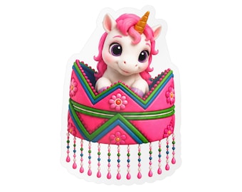 Aufkleber mit Einhorn-Hmong-Prinzessinnenhut | Niedlicher traditioneller rosa Hmong-Hut | Konturgeschnittener Aufkleber | Vinyl | Kawaii-Hmong-Kunst