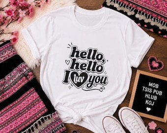 Hmong-T-Shirt mit Grafikprint „Hallo, hallo, ich liebe dich“ | Hmong-Kultur-Shirt | Hmong-Neujahrsgeschenk | Niedliches Hmong-Traditions-T-Shirt