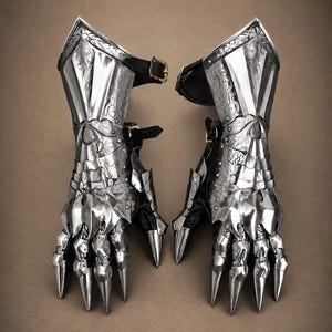 May include: A pair of articulated metal gauntlets featuring intricate scrollwork engravings on the forearm plates. Each gauntlet includes pointed, claw-like finger segments, layered metal plating, and black leather straps with brass-toned buckles.