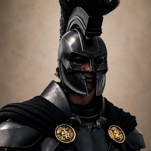 May include: A black helmet with a tall black crest and gold trim, paired with black armor featuring two gold circular lion-head clasps. The armor includes shoulder plates and a black cape, creating a dark, structured appearance with metallic accents.