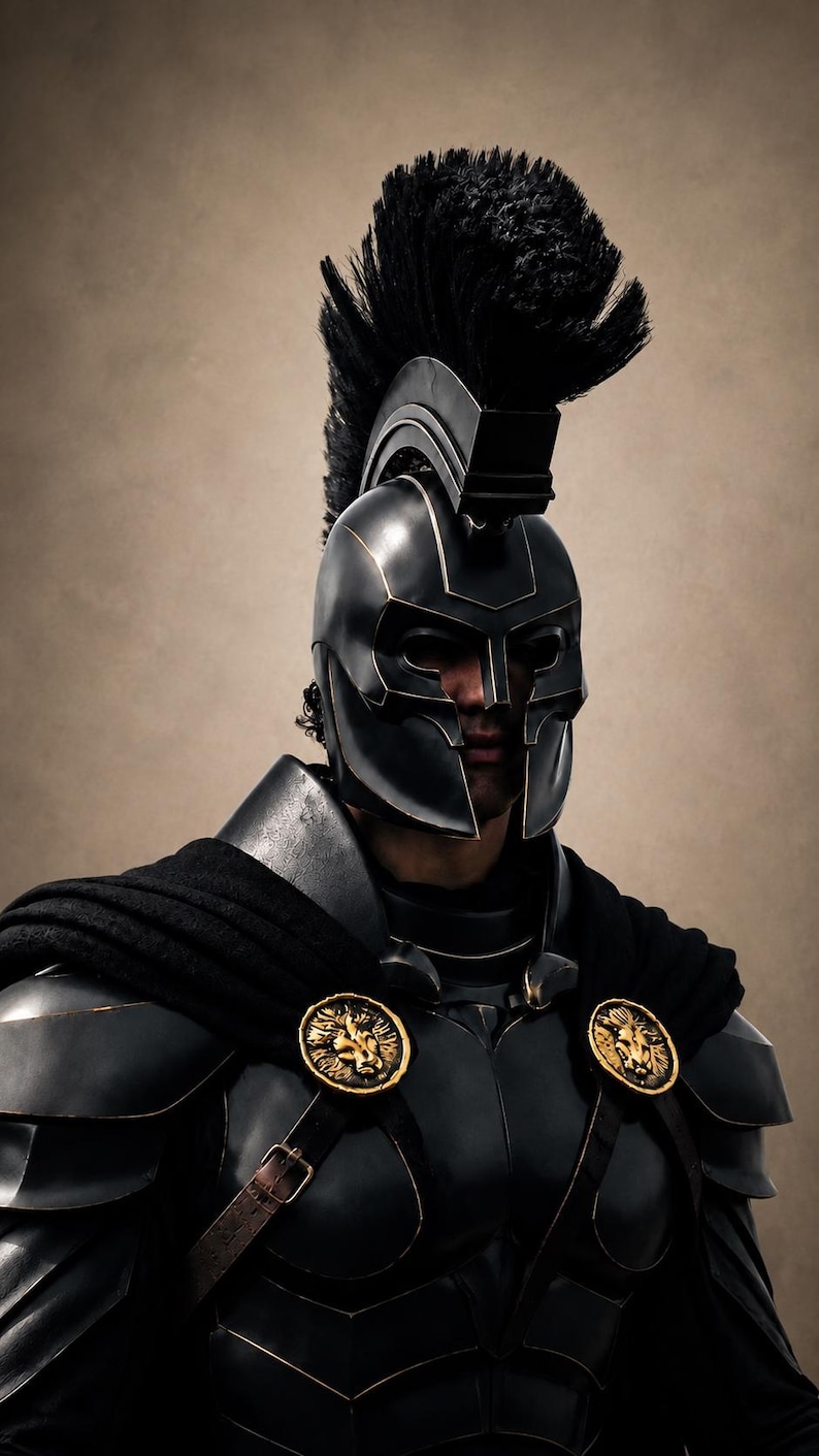 May include: A black helmet with a tall black crest and gold trim, paired with black armor featuring two gold circular lion-head clasps. The armor includes shoulder plates and a black cape, creating a dark, structured appearance with metallic accents.