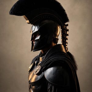 May include: A black Spartan-style helmet featuring a prominent black crest and a metallic finish. The armor includes a black cape secured with two circular gold-toned medallions featuring lion motifs, worn over black chest and shoulder plating.