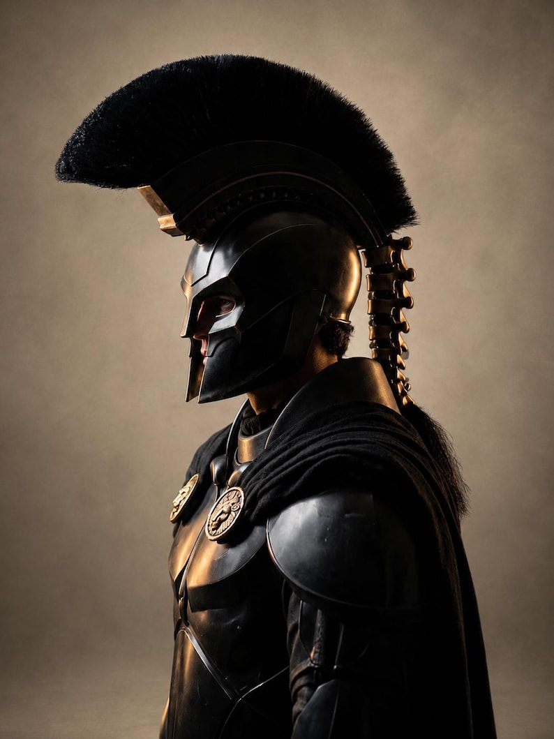 May include: A black Spartan-style helmet featuring a prominent black crest and a metallic finish. The armor includes a black cape secured with two circular gold-toned medallions featuring lion motifs, worn over black chest and shoulder plating.