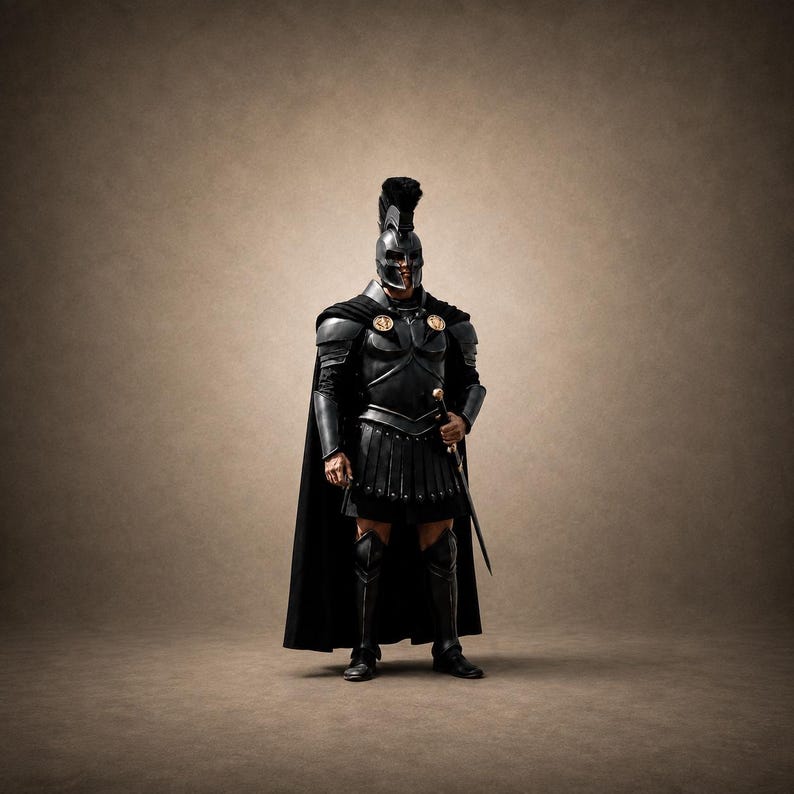 May include: A full suit of dark metallic armor featuring a crested helmet, a breastplate with two circular gold-toned emblems, a long black cape, a segmented skirt, and matching greaves. A long sword is held in one hand by the armored figure.