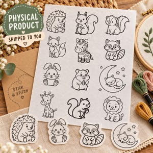 12 Animal Stick and Stitch Embroidery Patterns, Cute Woodland Animals, Water Soluble Transfers, Kids Clothing Embroidery, Physical Item