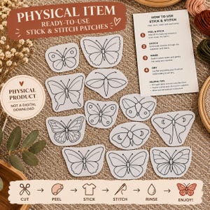 May include: A collection of white stick and stitch embroidery patches featuring various butterfly and moth designs with black outlines. Includes an instructional card titled How to Use Stick and Stitch with steps to peel, stitch, rinse, and dry.