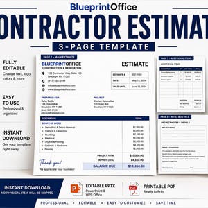 Peut inclure: Un modèle de devis d'entrepreneur de trois pages par BlueprintOffice comprenant une page de devis principal, une page d'articles supplémentaires et une page de notes et détails de projet avec des champs pour la portée et les coûts.