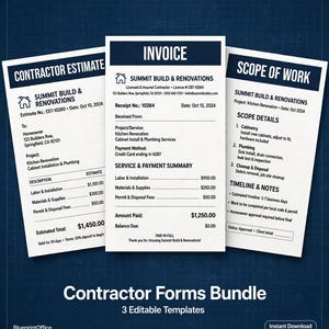Paket mit bearbeitbaren Auftragnehmerformularen: Kostenvoranschlag, Rechnung, Leistungsbeschreibung (PPTX, PDF, Tabellen)
