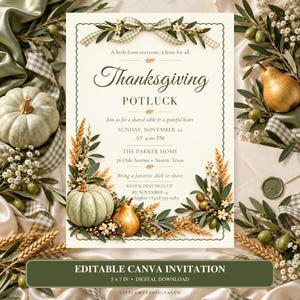 Op de afbeelding: Een 12,7 x 17,8 cm Thanksgiving potluck uitnodigingskaart met een crèmekleurige achtergrond, groene geschulpte rand en een gingham lint. Het ontwerp bevat illustraties van saliegroene pompoenen, gouden peren, tarwe en olijftakken.