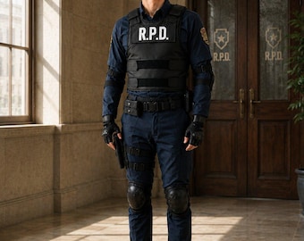 Può includere: Un'uniforme blu scuro con un gilet tattico nero che riporta la scritta R.P.D. in bianco sul petto. L'abbigliamento include pantaloni blu scuro abbinati, ginocchiere nere, una cintura tattica, guanti senza dita e stivali neri da combattimento.