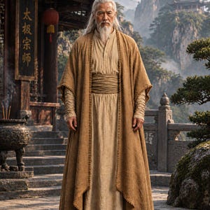 May include: A long, tan, textured robe worn over a matching tan tunic and trousers with a wide, wrapped waistband. The robe features a decorative scalloped trim along the front edges and sleeves, paired with brown shoes and long, light-colored hair.