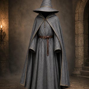 May include: A floor-length grey robe with long sleeves and a matching hooded cloak. The ensemble features a brown leather belt with a metal buckle at the waist and a pointed, wide-brimmed grey hat with a thin band detail around the crown.