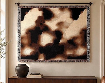 Abstract Cow Print Woven Blanket, Brown and Cream Cotton Throw, Western Home Decor