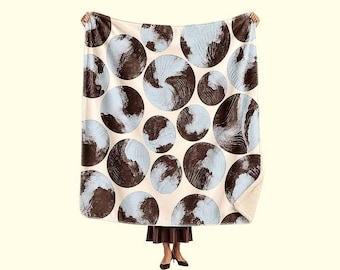 Blue and Brown Sherpa Throw Blanket, Abstract Painterly Circles, 50 x 60 Inches